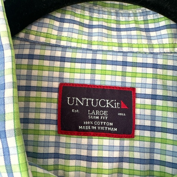 UNTUCKit Men’s Slim Fit Plaid Green and Blue Button Down Shirt (Size L) - Picture 4 of 7